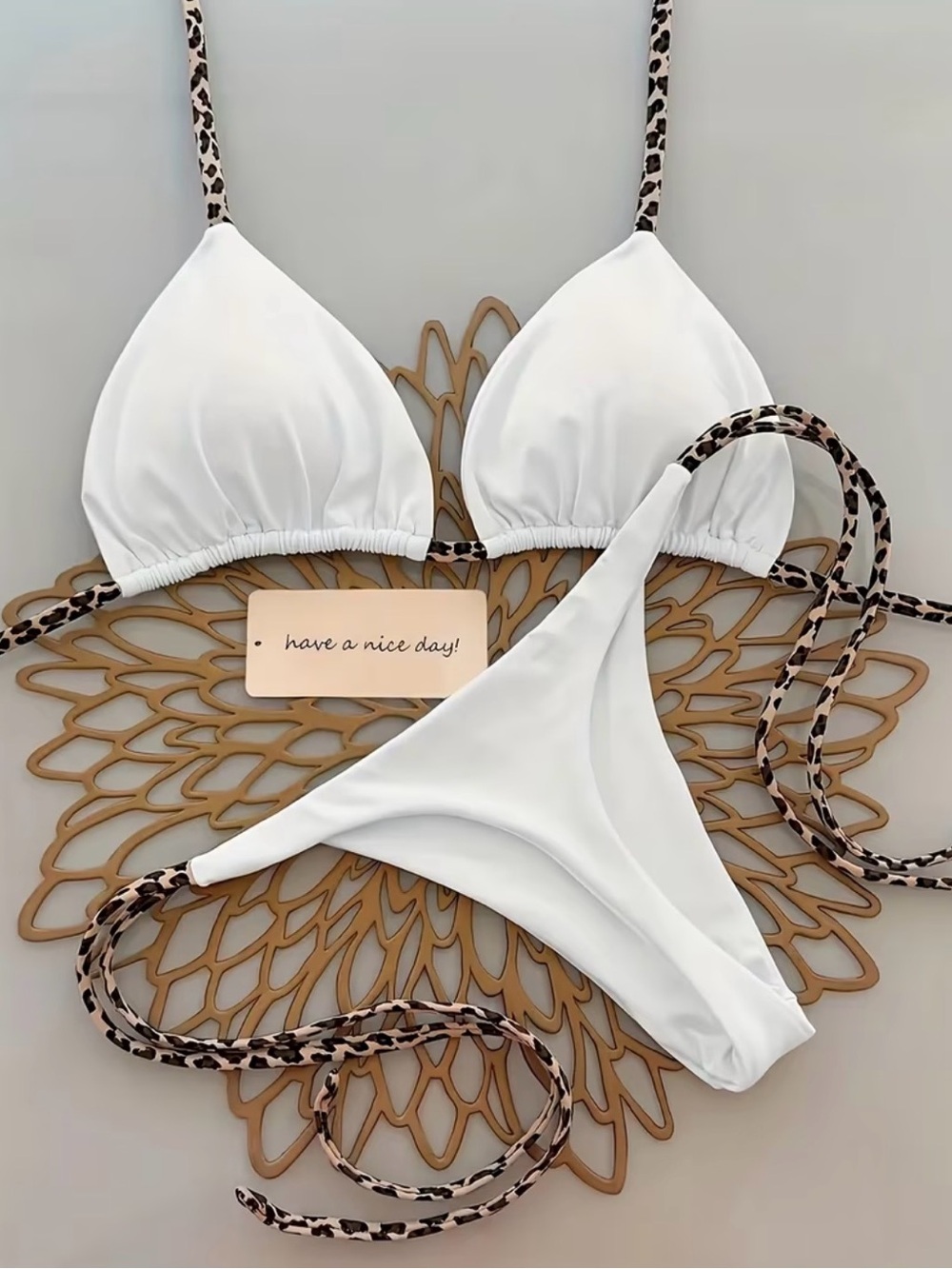 Women’s White Triangle Bikini with Leopard Trim
